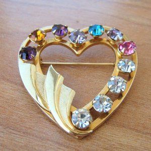 12k Gold Filled Heart Brooch Vintage Prong Set Multi Colored Rhinestones Signed